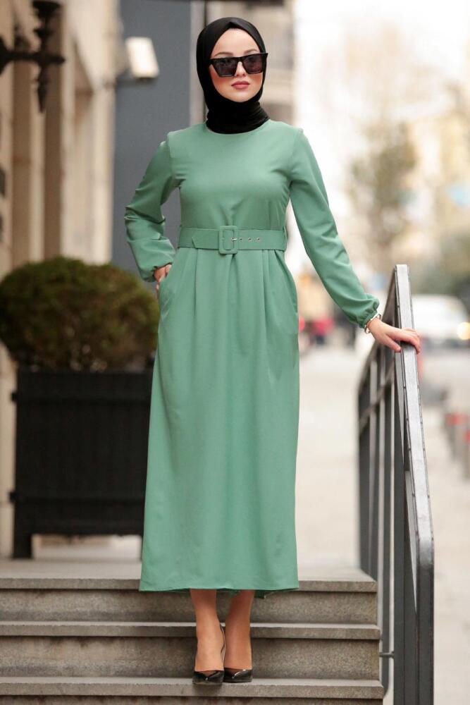 Nayla Collection - Kemerli Çağla Yeşili Tesettür Elbise 21010CY - 1