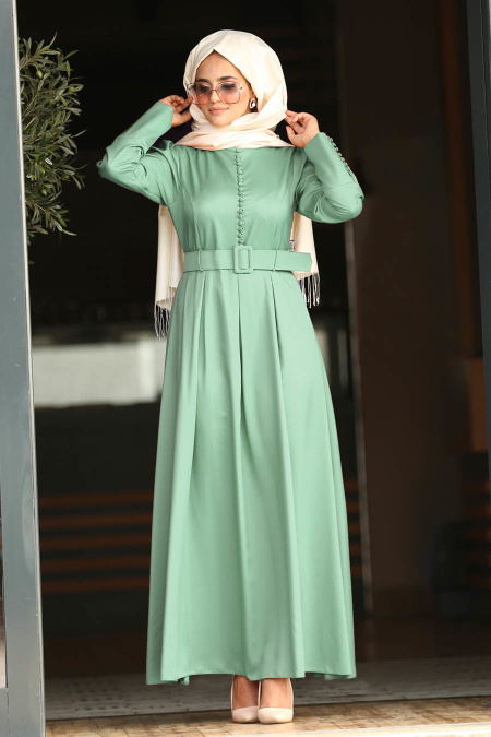 Nayla Collection - Kemerli Çağla Yeşili Tesettür Elbise 42240CY