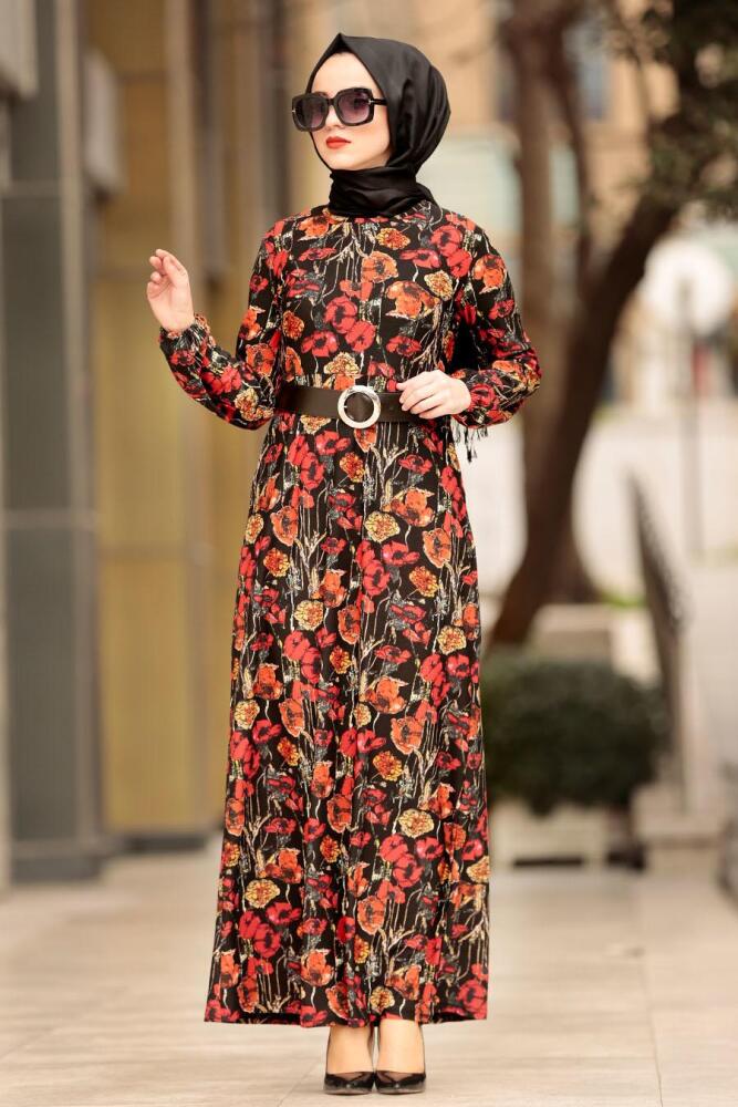Nayla Collection - Kemerli Desenli Tesettür Elbise 1076DSN - 1
