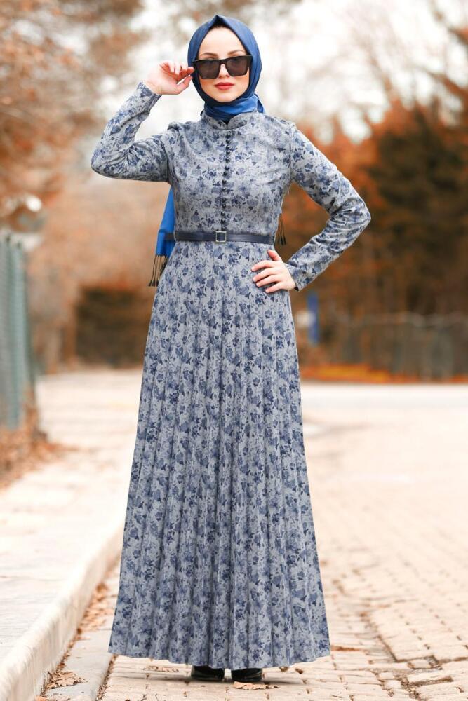 Nayla Collection - Kemerli Gri Tesettür Elbise 8445GR - 1