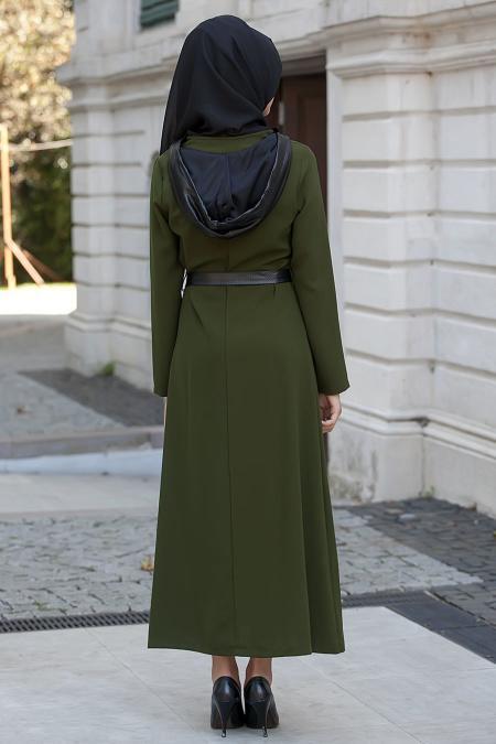 Nayla Collection - Kemerli Haki Elbise - 3