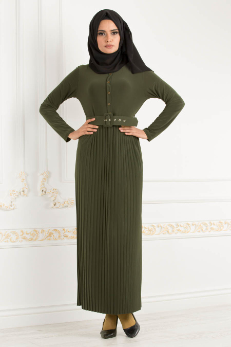 Nayla Collection - Kemerli Haki Tesettür Elbise 18015HK
