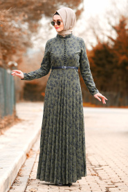 Nayla Collection - Kemerli Haki Tesettür Elbise 8445HK - Thumbnail