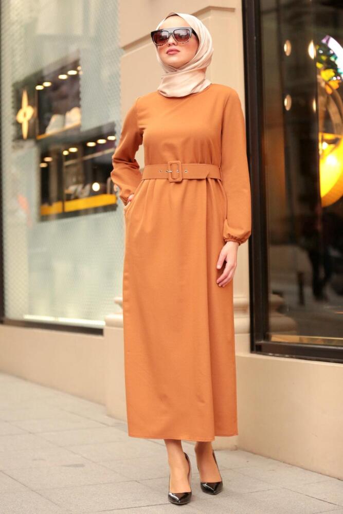 Nayla Collection - Kemerli Hardal Tesettür Elbise 21010HR - 1