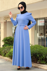 Nayla Collection - Kemerli İndigo Mavisi Tesettür Elbise 78240IM - Thumbnail