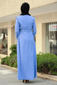 Nayla Collection - Kemerli İndigo Mavisi Tesettür Elbise 78240IM - Thumbnail