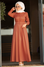 Nayla Collection - Kemerli Kiremit Tesettür Elbise 42240KRMT - Thumbnail