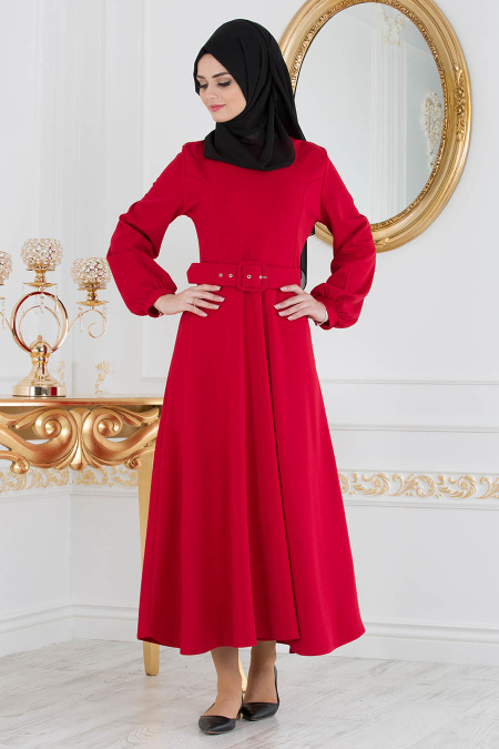 Nayla Collection - Kemerli Kırmızı Tesettür Elbise 3567K