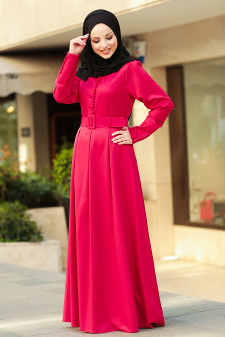 Nayla Collection - Kemerli Kırmızı Tesettür Elbise 42240K