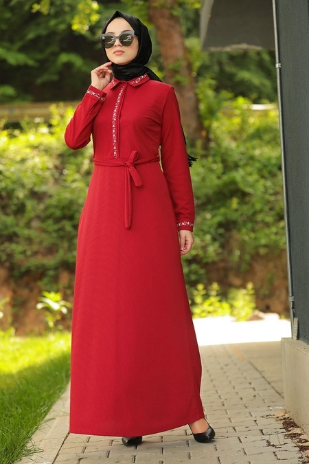 Nayla Collection - Kemerli Kırmızı Tesettür Elbise 8219K