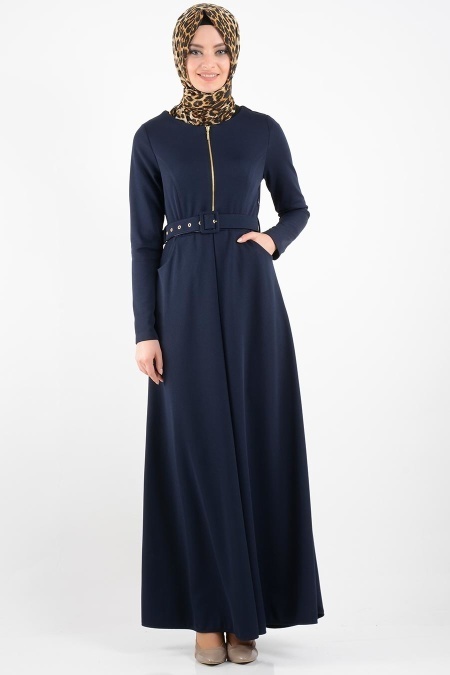 Nayla Collection - Kemerli Lacivert Tesettür Elbise 2299L