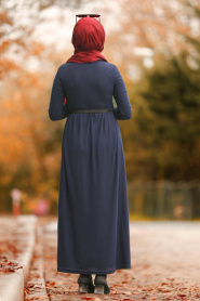 Nayla Collection - Kemerli Lacivert Tesettür Elbise 1603L - Thumbnail