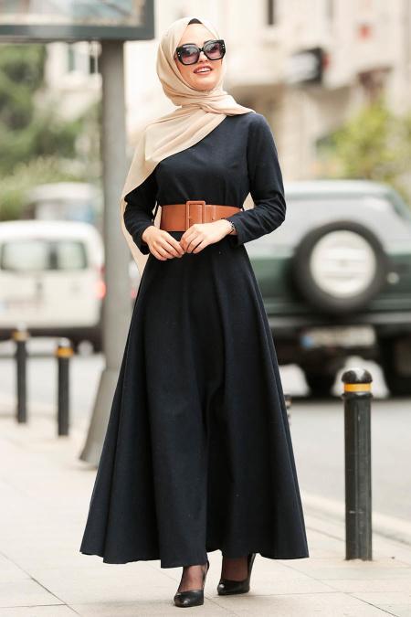 Nayla Collection - Kemerli Lacivert Tesettür Elbise 42450L - 1