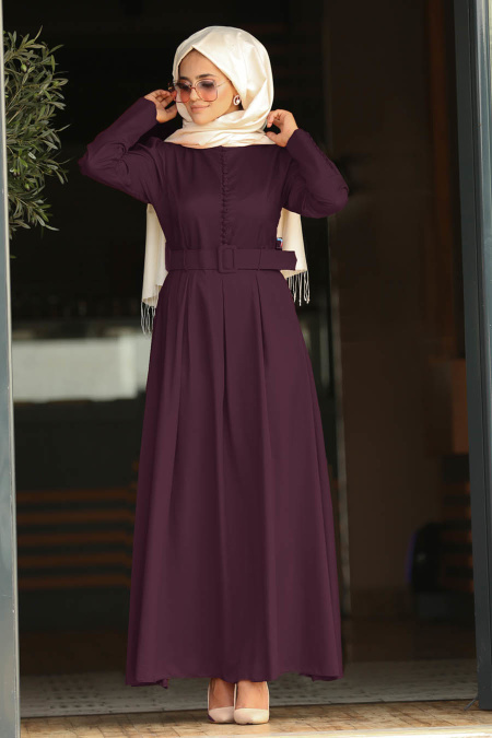 Nayla Collection - Kemerli Mor Tesettür Elbise 42240MOR