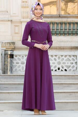 Nayla Collection - Kemerli Mor Tesettür Elbise 6643MOR - 1
