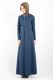 Nayla Collection - Kemerli Petrol Mavisi Tesettür Elbise 2299PM - Thumbnail
