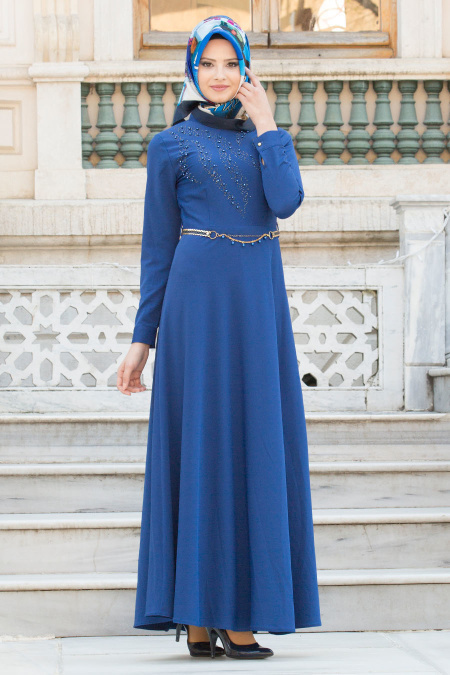 Nayla Collection - Kemerli Petrol Mavisi Tesettür Elbise 6643PM