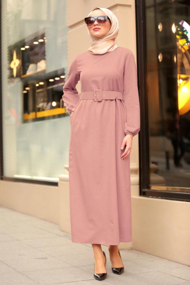 Nayla Collection - Kemerli Pudra Tesettür Elbise 21010PD - 1