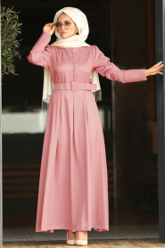 Nayla Collection - Kemerli Pudra Tesettür Elbise 42240PD - Thumbnail