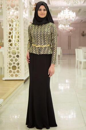 Nayla Collection - Kemerli Siyah Tesettür Abiye Elbise 3810S - 1
