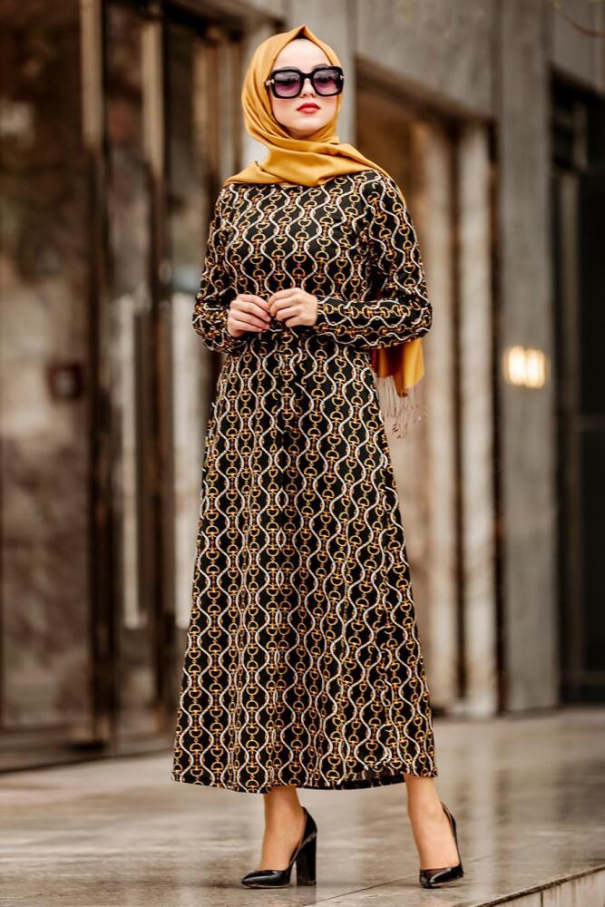 Nayla Collection - Kemerli Siyah Tesettür Elbise 1923S - 1