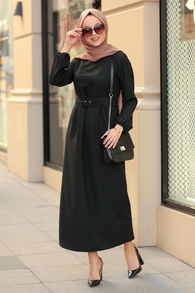 Nayla Collection - Kemerli Siyah Tesettür Elbise 21010S - 1