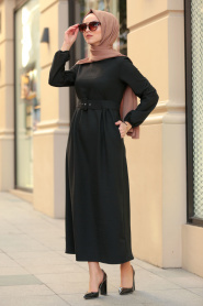 Nayla Collection - Kemerli Siyah Tesettür Elbise 21010S - Thumbnail