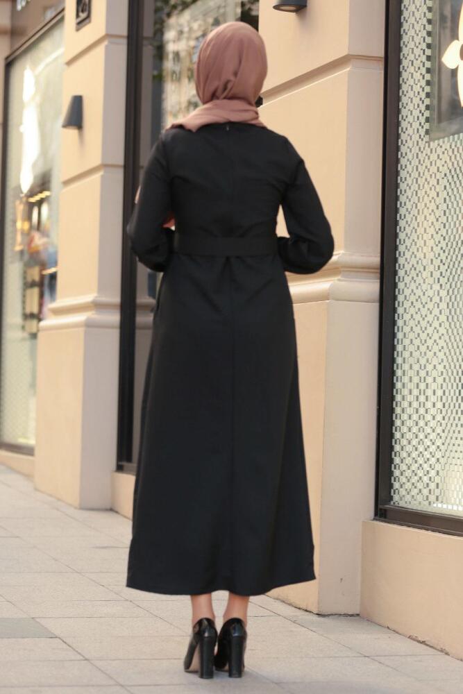 Nayla Collection - Kemerli Siyah Tesettür Elbise 21010S - 3