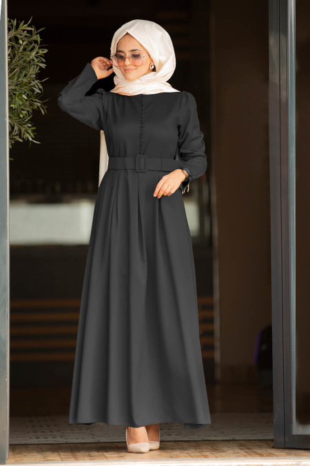 Nayla Collection - Kemerli Siyah Tesettür Elbise 42240S