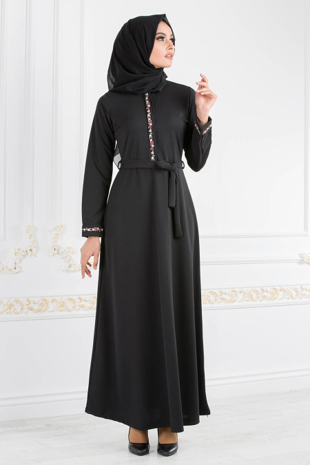 Nayla Collection - Kemerli Siyah Tesettür Elbise 8219S