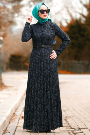 Nayla Collection - Kemerli Siyah Tesettür Elbise 8445S - Thumbnail