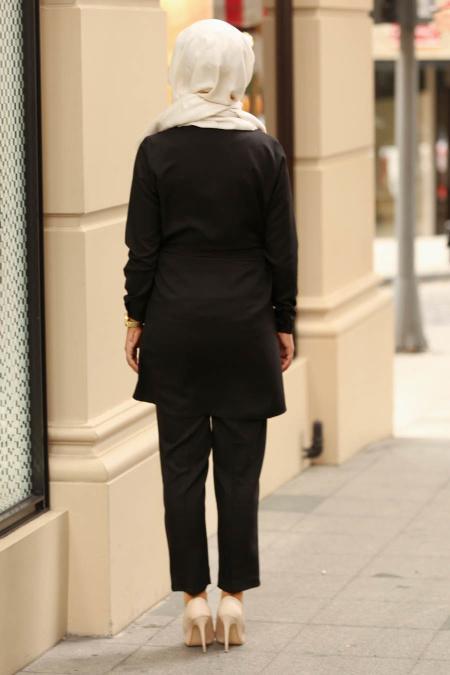 Nayla Collection - Kemerli Siyah Tunik / Pantolon Tesettür Takım 53960S - 2