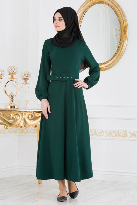 Nayla Collection - Kemerli Yeşil Tesettür Elbise 3567Y