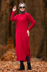 Nayla Collection - Kırmızı Tesettür Triko Elbise 2111K - Thumbnail