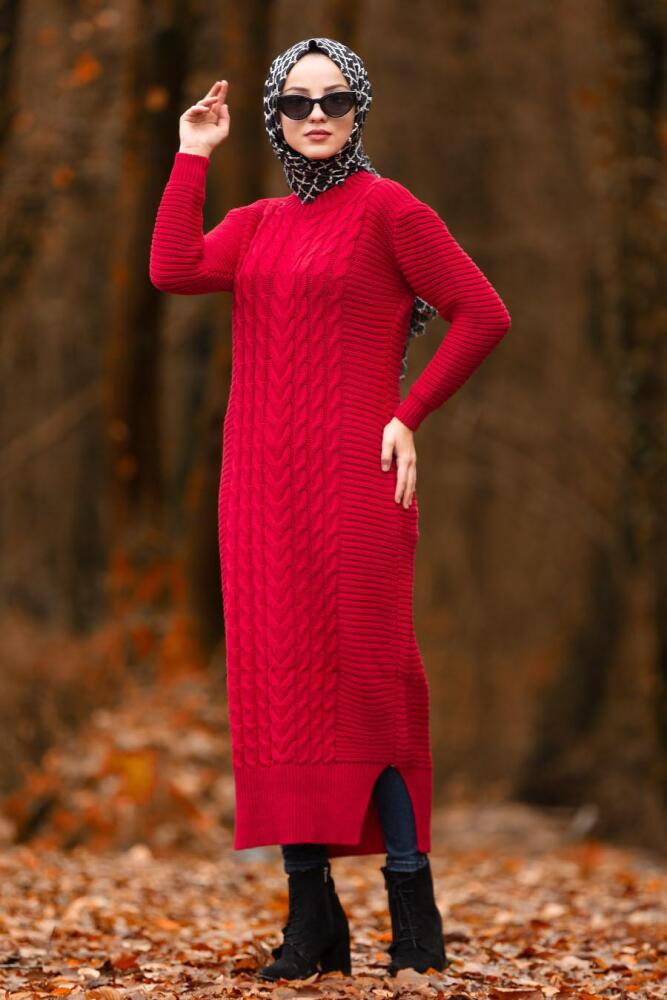 Nayla Collection - Kırmızı Tesettür Triko Elbise 2111K - 1