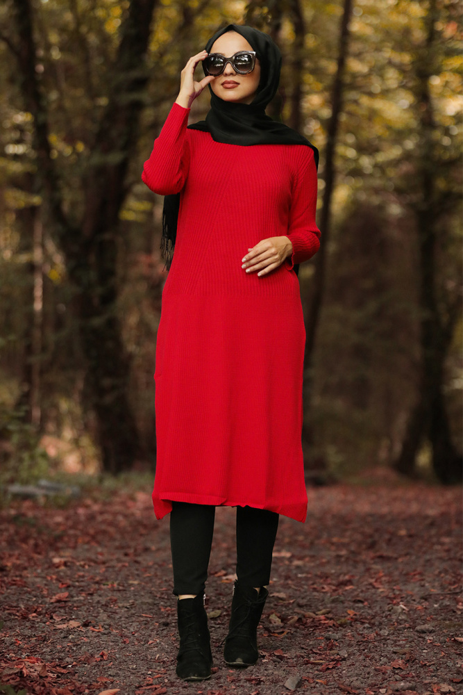 Nayla Collection - Kırmızı Tesettür Triko Tunik 15432K - 1