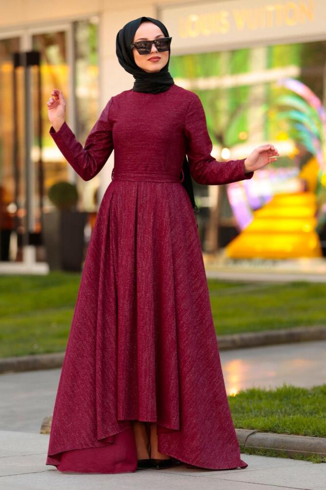Nayla Collection - Kloş Bordo Tesettür Elbise 4266BR - 1