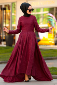 Nayla Collection - Kloş Bordo Tesettür Elbise 4266BR - Thumbnail