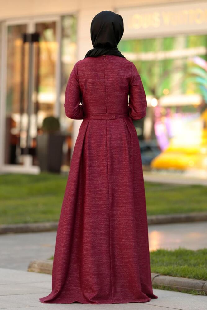 Nayla Collection - Kloş Bordo Tesettür Elbise 4266BR - 3