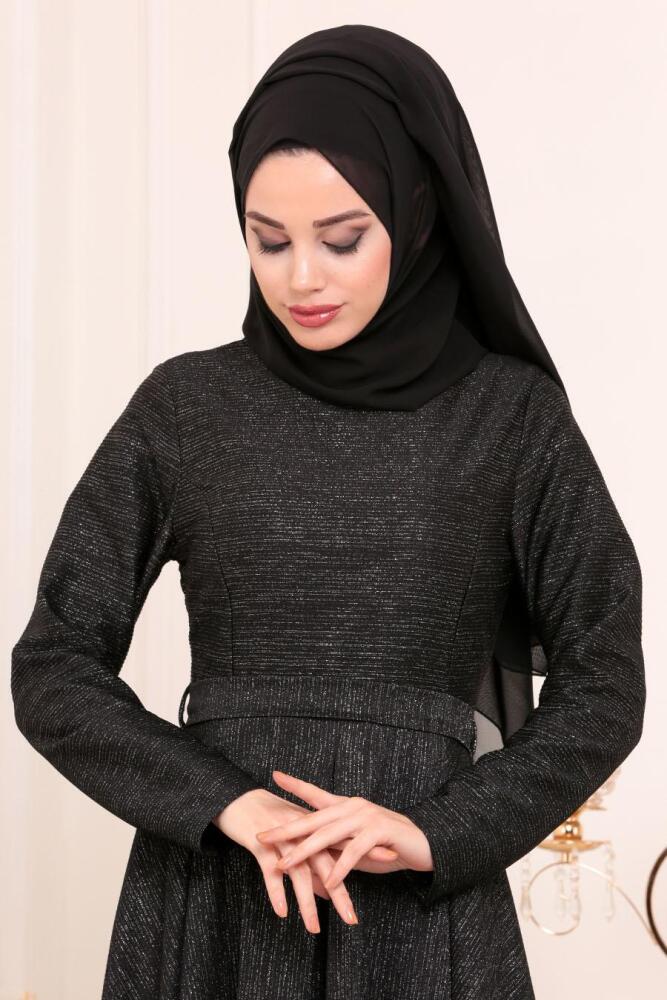 Nayla Collection - Kloş Siyah Tesettür Elbise 4266S - 2