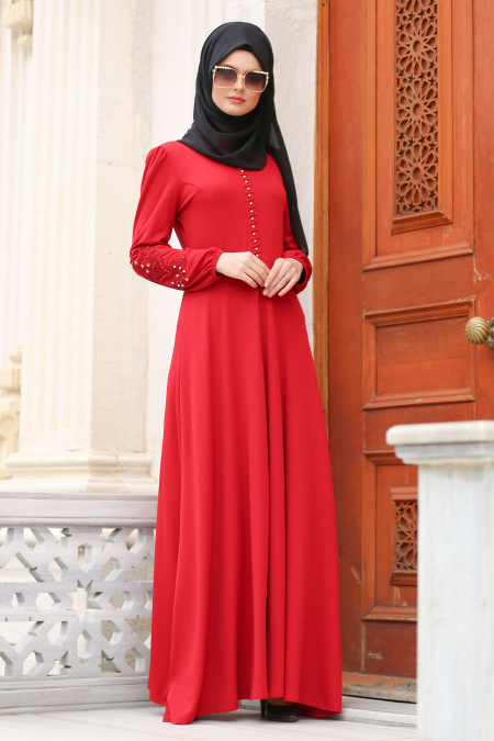Nayla Collection - Kolları Boncuk Detaylı Bordo Tesettür Elbise 42140BR