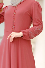 Nayla Collection - Kolları Boncuk Detaylı Gül Kurusu Tesettür Elbise 42140GK - Thumbnail