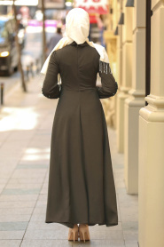 Nayla Collection - Kolları Boncuk Detaylı Haki Tesettür Elbise 42140HK - Thumbnail