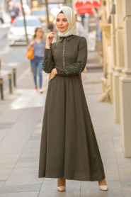 Nayla Collection - Kolları Boncuk Detaylı Haki Tesettür Elbise 42140HK - Thumbnail