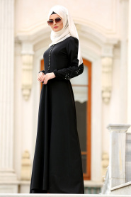 Nayla Collection - Kolları Boncuk Detaylı Siyah Tesettür Elbise 42140S - Thumbnail