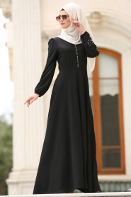Nayla Collection - Kolları Boncuk Detaylı Siyah Tesettür Elbise 42140S - Thumbnail