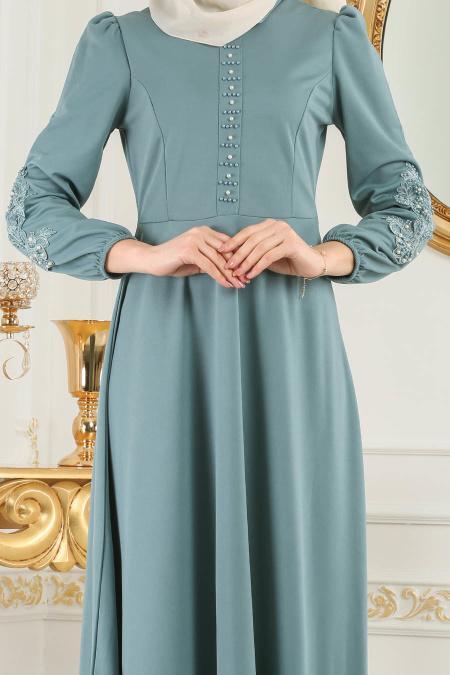 Nayla Collection - Kolları Boncuk Detaylı Turkuaz Tesettür Elbise 42140TR - 4