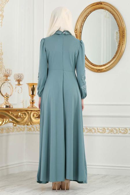 Nayla Collection - Kolları Boncuk Detaylı Turkuaz Tesettür Elbise 42140TR - 3
