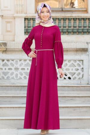 Nayla Collection - Kolları Büzgülü Fuşya Tesettür Elbise 6641F - 1