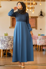 Nayla Collection - Kolları Büzgülü İndigo Mavisi Tesettür Elbise 79260IM - Thumbnail
